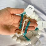دستبند سنگ طبیعی فیروزه روشن و مروارید
