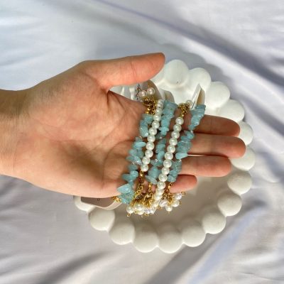 دستبند سنگ طبیعی آکوامارین و مروارید