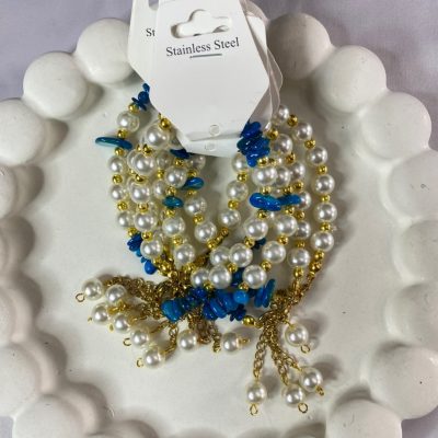 دستبند مرواریدی گوی و سنگ توپاز آبی آویز دار