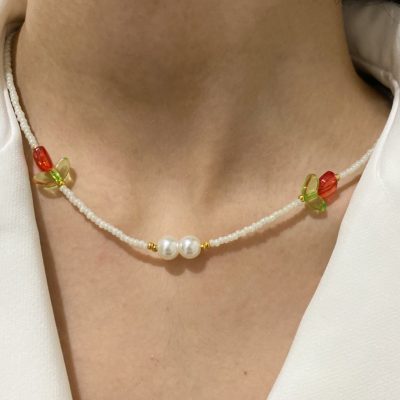 گردنبند مهره ای گل و مروارید